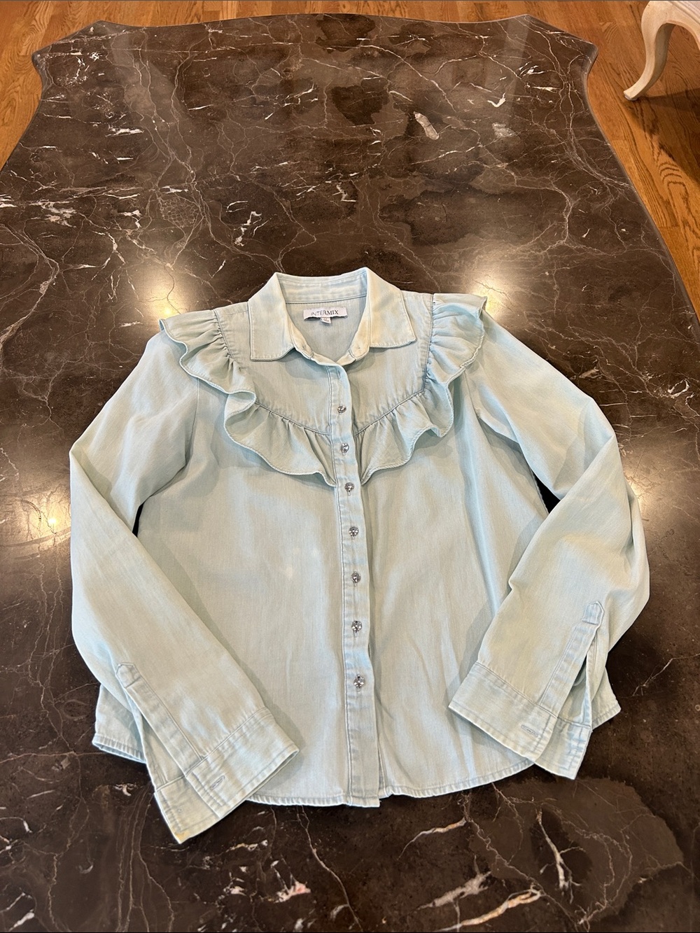 Intermix light blue stone washed chambray blouse